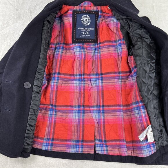 American Eagle Double Breasted Pea Coat Navy Blue Womens Size Large Plaid Liner - Picture 7 of 8